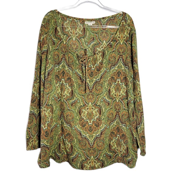 Ruff Hewn Womens 3X Paisley Print Long Sleeve Blouse Green Lightweight Cotton - Picture 1 of 8